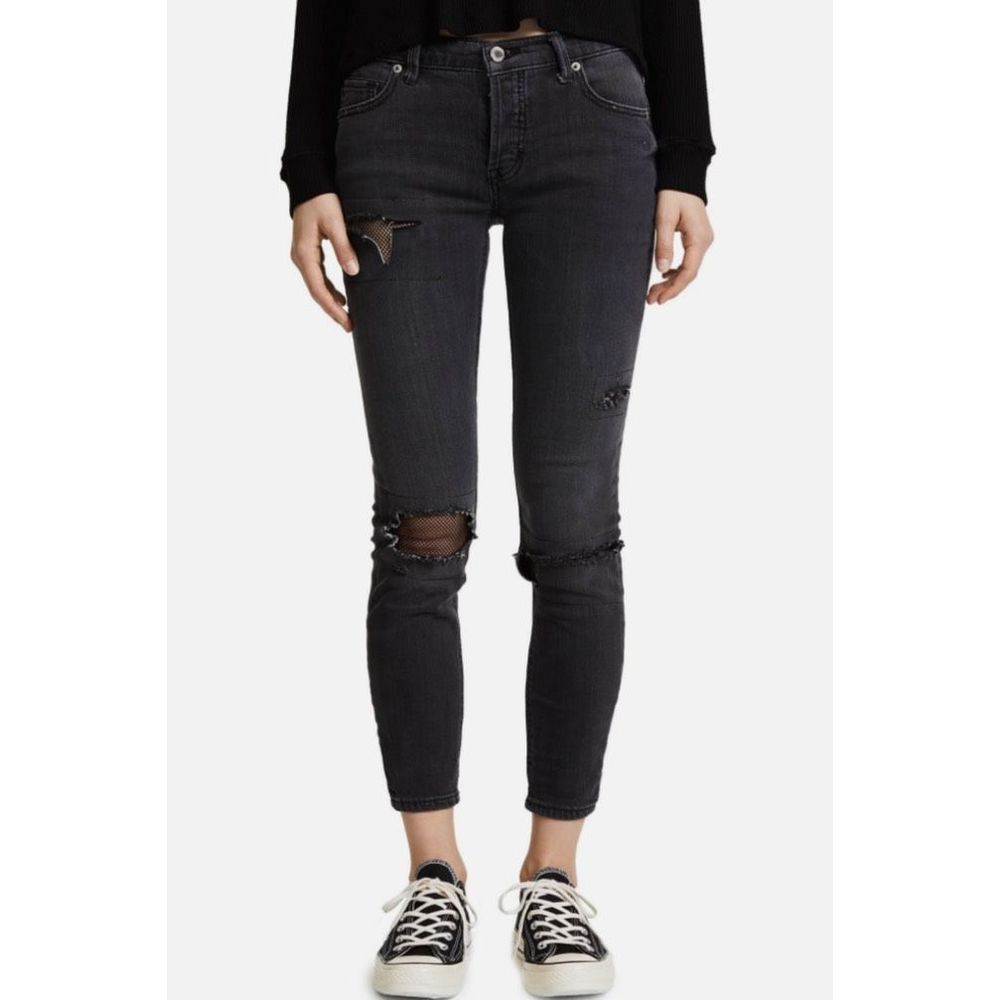 FREE PEOPLE Distressed Fishnet Skinny Jeans